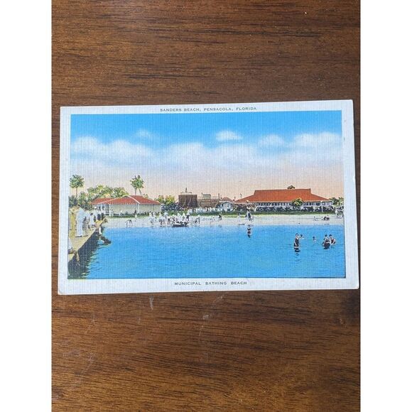 Vtg Pensacola Fl Postcard Sanders Beach Municipal Bathing Military Post 1945 - Picture 1 of 8